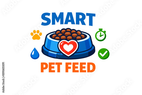 Smart pet feed icon with heart, paw, timer, and checkmark symbols
