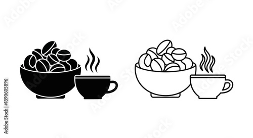 Black and white coffee beans and cups