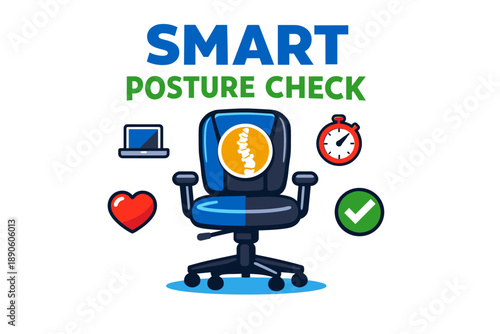 Smart posture check concept with office chair and icons for health awareness