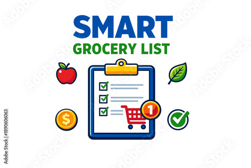 Smart grocery list app icon with checklist and shopping cart graphics
