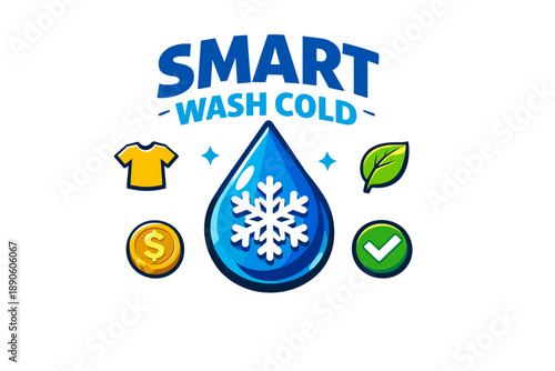 Smart wash cold logo with water drop, snowflake, and eco-friendly symbols