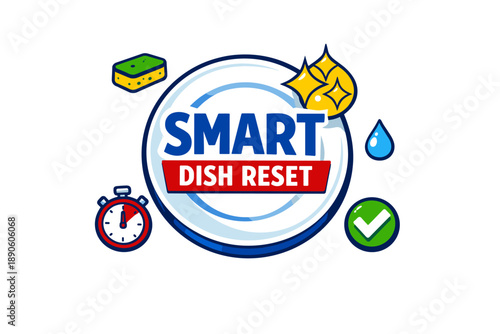 Smart dish reset logo with cleaning icons and freshness symbols