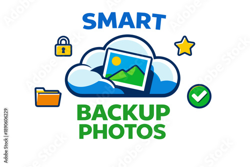 Smart backup photos cloud storage illustration with security icons
