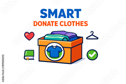 Smart donate clothes box with heart, book, and hanger icons for charity