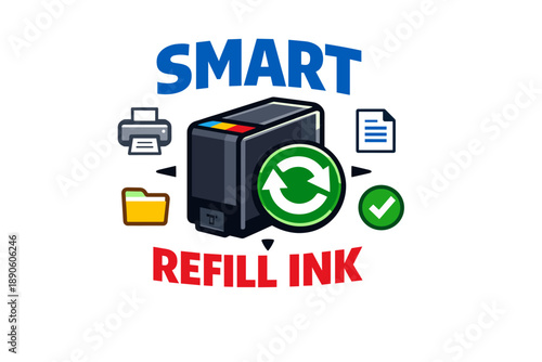 Smart refill ink icon with cartridge, printer, and document symbols