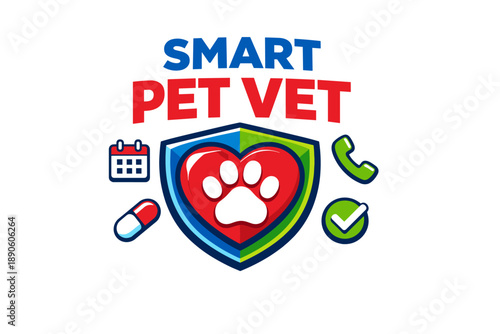 Smart pet vet logo with heart shield and pet care icons