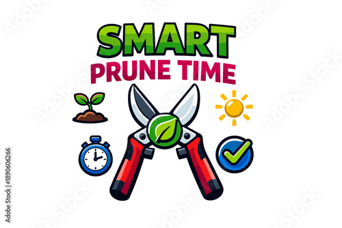 Smart prune time illustration with gardening tools and symbols