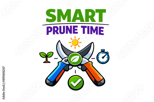 Smart prune time: gardening shears, sun, stopwatch, nature, growth