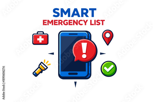 Smart emergency list concept with mobile app icons and alerts