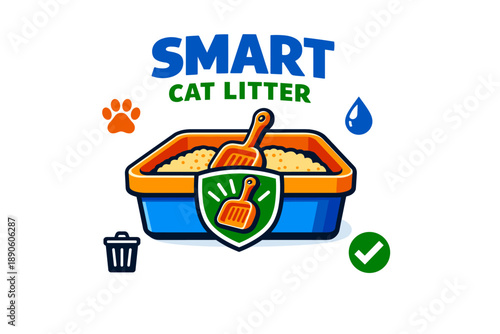 Smart cat litter box with scoop and icons highlighting features