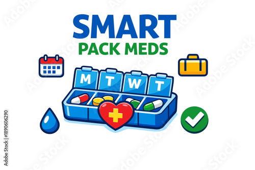Smart pack meds weekly organizer with pills and healthcare icons