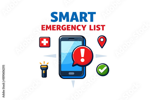 Smart emergency list: mobile app with alert, location, and safety icons