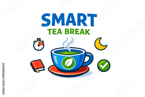 Smart tea break: relaxation symbols with clock, book, moon, and checkmark