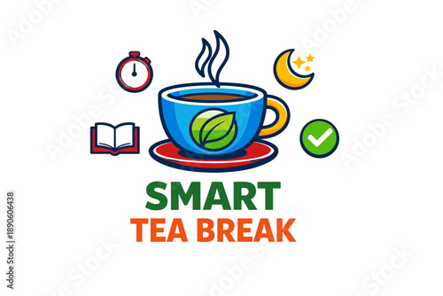 Smart tea break with blue cup and relaxation icons