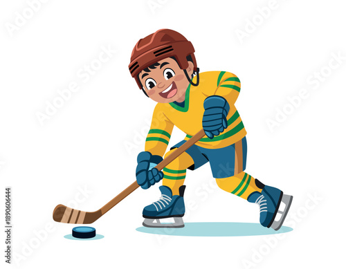A young boy in a yellow hockey uniform is playing ice hockey with a puck and stick on a rink