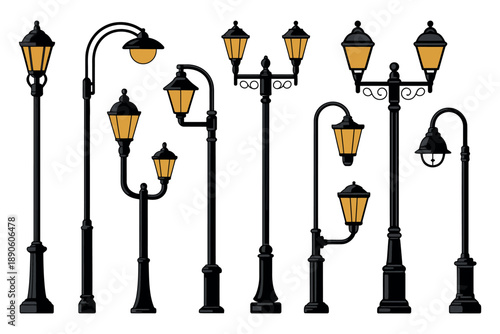 A collection of various black street lamps with yellow lights on a white background