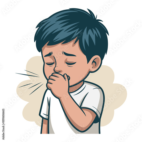 A young boy coughing into his hand with a concerned expression on his face