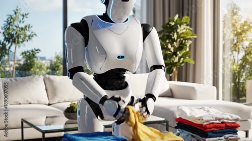 Robot folds laundry at home while using modern technology in a bright living room