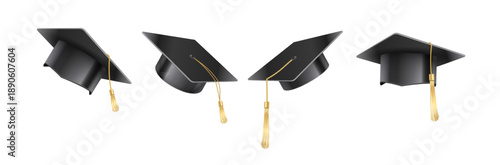 Set of vector realistic mortar hats. Graduation cap of a student with multi-colored tassels. Black hat at graduation at the university. Symbol of academic education, university headdress
