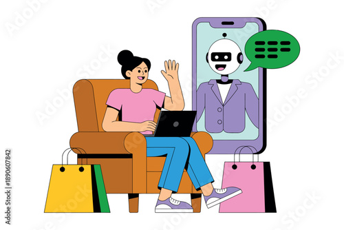A woman sitting in a chair with a laptop and waving at a robot on her phone screen while surrounded by shopping bags.