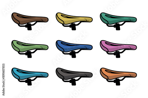 A colorful illustration of bicycle seats in various colors and designs
