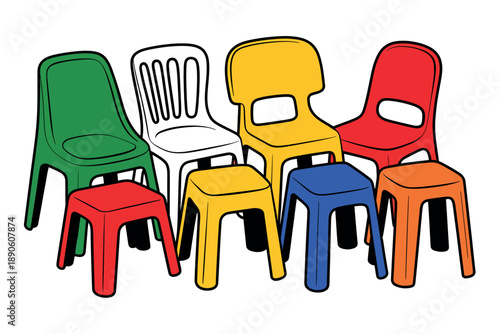 A colorful arrangement of plastic chairs and stools in various shapes and sizes.