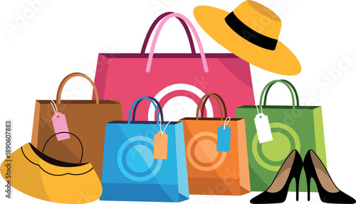 A colorful illustration of fashionable shopping bags and accessories on a white background