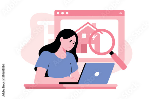 A woman using a laptop to search for a house online with a magnifying glass