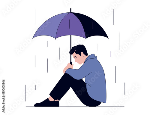 A sad man sitting under a purple and black umbrella on a rainy day