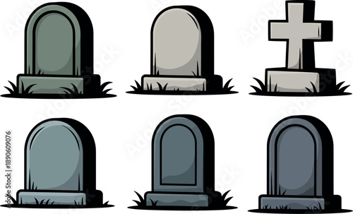 A cartoon illustration of six tombstones on a white background