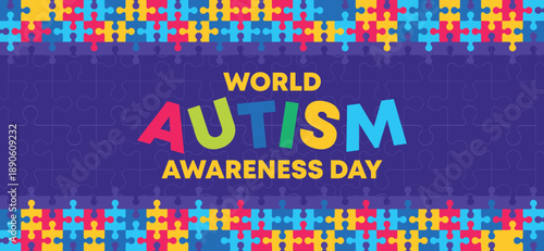 World Autism Awareness Day Puzzle Pattern Horizontal Banner