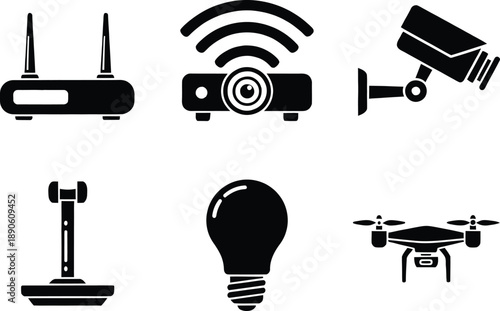 Collection of professional cybersecurity and data infrastructure icons featuring a protective shield, surveillance camera, server rack, and backup arrow.