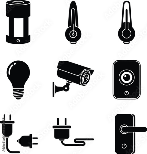 Collection of smart home automation icons featuring a security camera, led light bulb, digital thermometers, power plugs, and an electronic door lock.