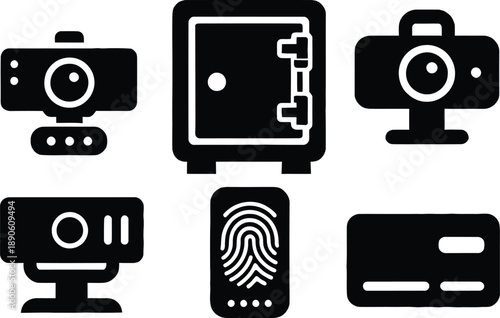 Collection of professional security and surveillance icons featuring various web cameras, a biometric fingerprint scanner, bank safe, and credit card.