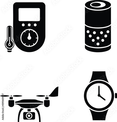 Collection of modern technology and smart devices icons featuring a drone with camera, digital weather station, voice assistant speaker, and wristwatch.