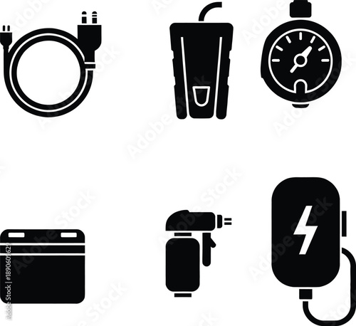Collection of electrical and automotive power icons featuring jumper cables, a digital pressure gauge, portable battery pack, and charging station symbols.