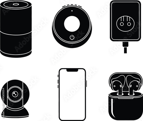 Vector black icons set of modern smart home devices including voice assistant speaker, security camera, smartphone, power adapter, and wireless earbuds.