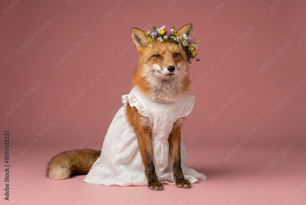 Fototapeta premium A fox in a white dress and flower crown sits in front of a pink background