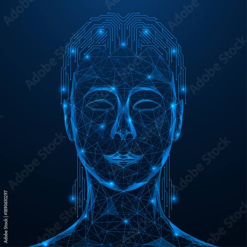 Virtual identity. A female face in the form of a grid of lines and knots, with hair from the tracks of a printed circuit board. The concept symbolizes the digital mind and virtual consciousness.