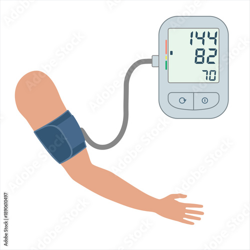 Checking arterial blood pressure digital device tonometer. Electronic blood pressure monitor. Hypertension, hypotension disease. Healthcare concept. Vector illustration flat design. Medical equipment.