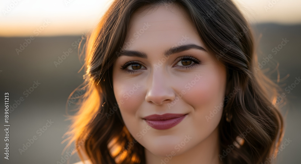 Naklejka premium A beautiful young woman smiling softly in a serene outdoor setting during sunset