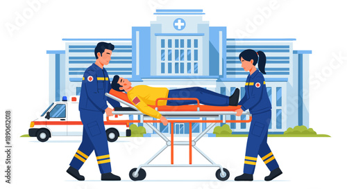 Emergency Medical Transport Vector Illustration of Paramedics Transporting Patient to Hospital
