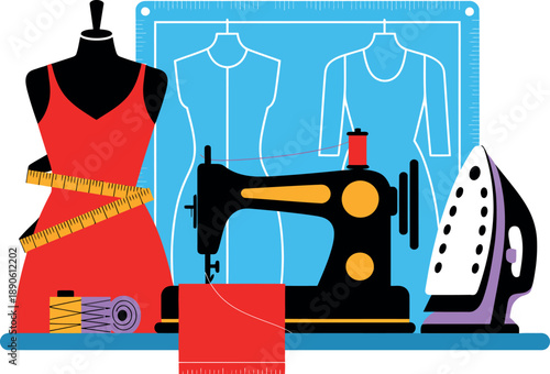 A sewing workspace with a mannequin, sewing machine, and ironing board, surrounded by threads and measuring tape.