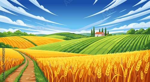 Vibrant summer vector illustration of a golden wheat field leading to a charming Tuscan villa under a blue sky with clouds