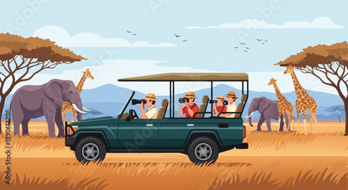 Safari adventure vector illustration with diverse people enjoying wildlife viewing in an open-top vehicle surrounded by elephants and giraffes