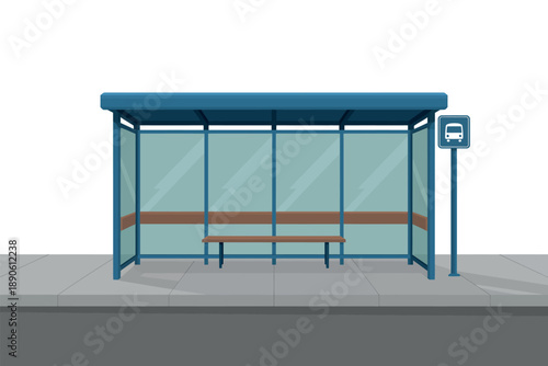 A blue bus stop shelter with a bench on a gray sidewalk