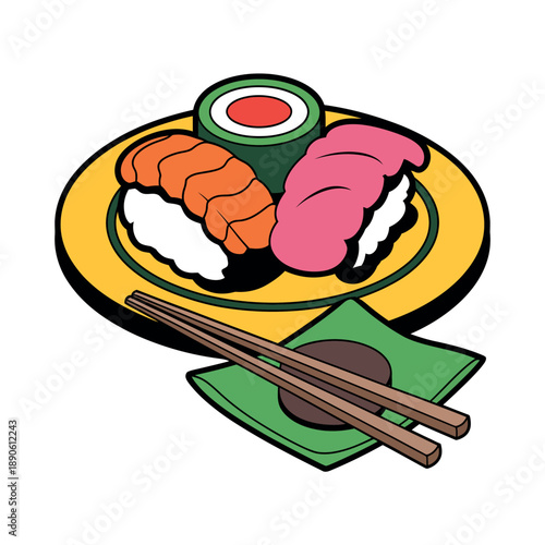 A plate of sushi with chopsticks on a green napkin