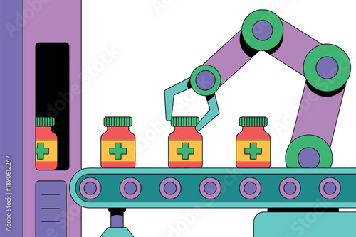 A robotic arm places a medicine bottle on a production line in a pharmaceutical factory