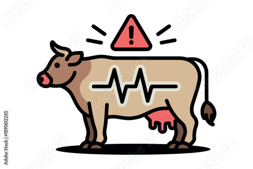 A cartoon cow with a red warning sign and an ECG line across its body indicating a health issue.