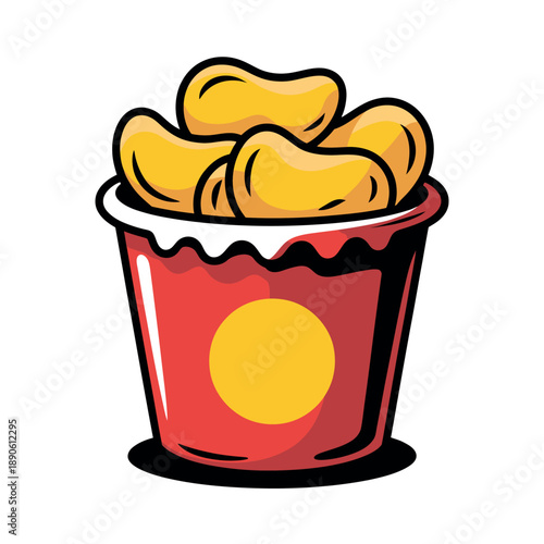 A cartoon illustration of a red bucket filled with golden fried chicken wings on a white background